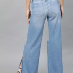 "Women Blue Flared Mid-Rise Slash Knee Stretchable Jeans "