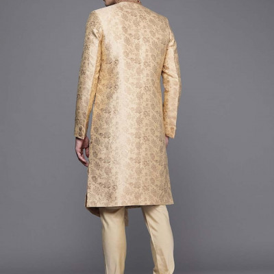 Men White Ethnic Motifs Printed Raw Silk Kurta with Pyjamas & Nehru Jacket